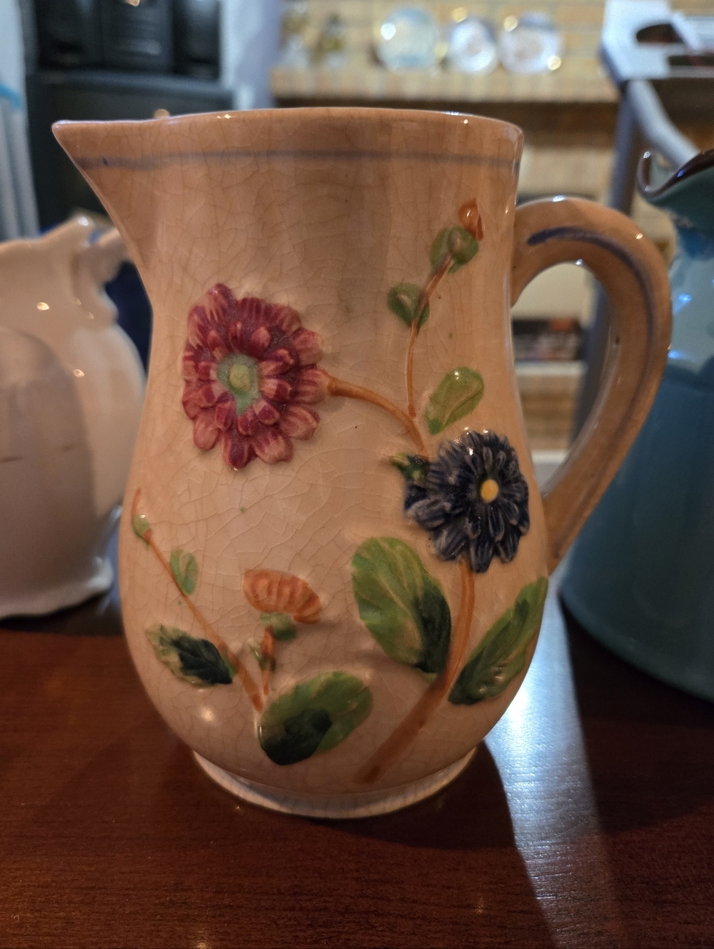 Hand-Painted Floral Ceramic Pitcher - Pink & Blue